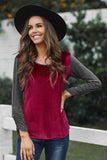 Dark Blue Round Neck Color Block Velvet Pleated Long Sleeve Top