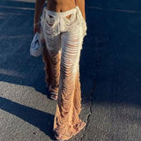 Knitted Straight Pants Hipster Tassel Hollow Out High-Waist