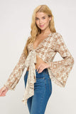Boho Bell-Sleeve Crop Top with Tie-Front Indigo Arrowwood