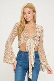Boho Bell-Sleeve Crop Top with Tie-Front Indigo Arrowwood