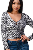 Fitted Long Sleeve V-Neck Crop Top with Ruched Front Detail Indigo Arrowwood