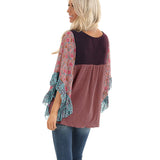 Batwing Sleeve Printed Color Block Waffle Top Silver Sam