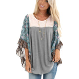 Batwing Sleeve Printed Color Block Waffle Top Silver Sam