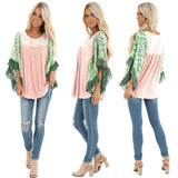 Batwing Sleeve Printed Color Block Waffle Top Silver Sam