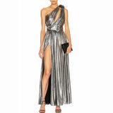 One Shoulder Tie Waist Slit Midi Dress Silver Sam
