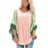 Batwing Sleeve Printed Color Block Waffle Top Silver Sam