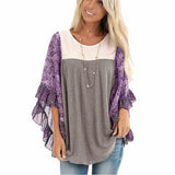 Batwing Sleeve Printed Color Block Waffle Top Silver Sam