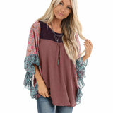 Batwing Sleeve Printed Color Block Waffle Top Silver Sam