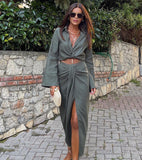 Women's Solid Suit with Bow Shirts and Pleated Skirts
