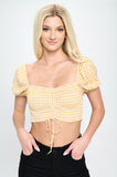 Gingham Smocked Crop Top with Puff Sleeves Indigo Arrowwood