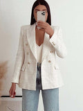 Women Jacket Double Breasted Tweed Blazer Coat Silver Sam