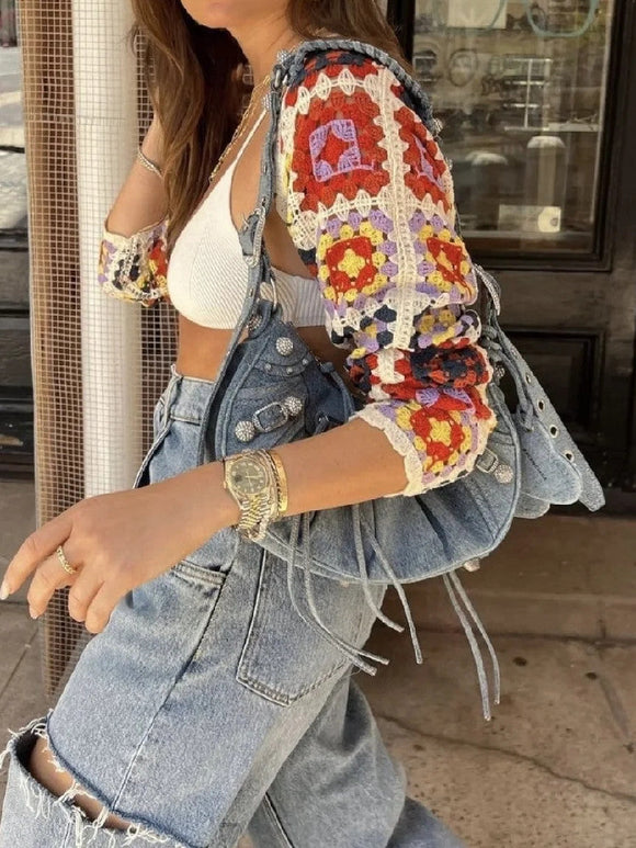 Geometric Plaid Hand Crochet Shawl Cape Bat Cardigan