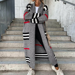 Knitted Cardigan Striped Patchwork Loose Long Outerwear Silver Sam