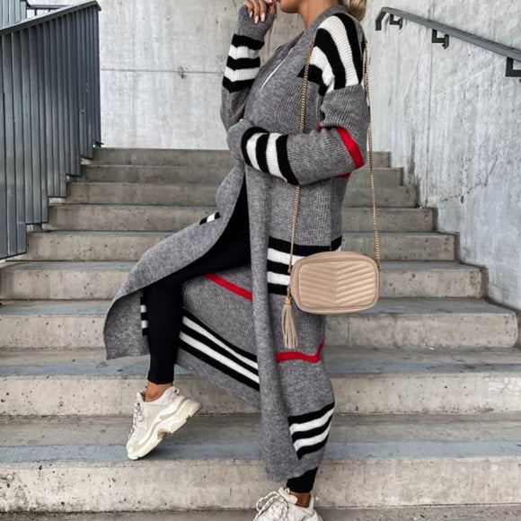 Knitted Cardigan Striped Patchwork Loose Long Outerwear Silver Sam
