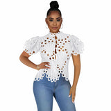 Hollow Out Mesh Lace Sheer See-Through Blouse Silver Sam