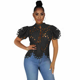 Hollow Out Mesh Lace Sheer See-Through Blouse Silver Sam