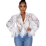 Hollow Out Mesh Lace Sheer See-Through Blouse Silver Sam