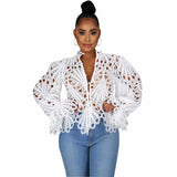 Hollow Out Mesh Lace Sheer See-Through Blouse Silver Sam