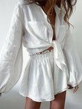 Cotton Linen Long Sleeved Shirt Top Ruffle & Shorts Set
