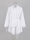 Cotton Linen Long Sleeved Shirt Top Ruffle & Shorts Set