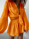 Cotton Linen Long Sleeved Shirt Top Ruffle & Shorts Set