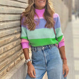 Turtleneck Knitted Sweater Contrast Striped Loose Pullover