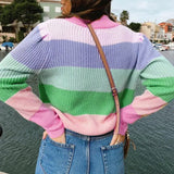 Turtleneck Knitted Sweater Contrast Striped Loose Pullover