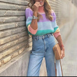 Turtleneck Knitted Sweater Contrast Striped Loose Pullover