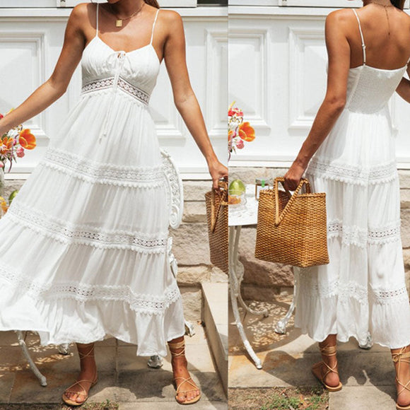 V-Neck Sleeveless High Waist Flower Crochet Long Dress Silver Sam