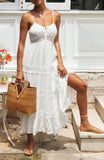 V-Neck Sleeveless High Waist Flower Crochet Long Dress Silver Sam