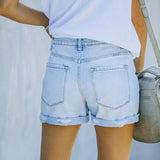 Ripped High Waisted Rolled Fit Blue Shorts