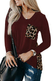 Burgundy Leopard Patch Pocket Long Sleeve Top