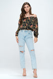 Off-Shoulder Printed Crop Top with Long Sleeves Indigo Arrowwood