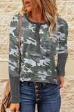 Camo Print Ribbed Sleeve Cuffs Top