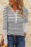 Lace Striped Splicing Hollow-out Button Long Sleeve Top