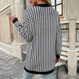 Women's Long Sleeve Houndstooth Sweater Cardigan Mid Length