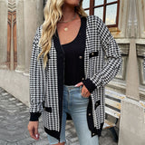 Women's Long Sleeve Houndstooth Sweater Cardigan Mid Length