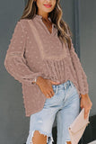 Ruffled Split Neck Lace Hollow Out Puff Sleeve Polka Dot Blouse