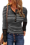 Lace Striped Splicing Hollow-out Button Long Sleeve Top