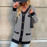 Women's Long Sleeve Houndstooth Sweater Cardigan Mid Length
