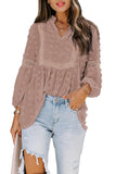 Ruffled Split Neck Lace Hollow Out Puff Sleeve Polka Dot Blouse