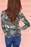 Camo Print Ribbed Sleeve Cuffs Top