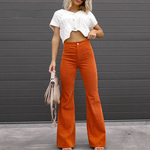 Corduroy Fashion Mid Waist Micro Flared Pants