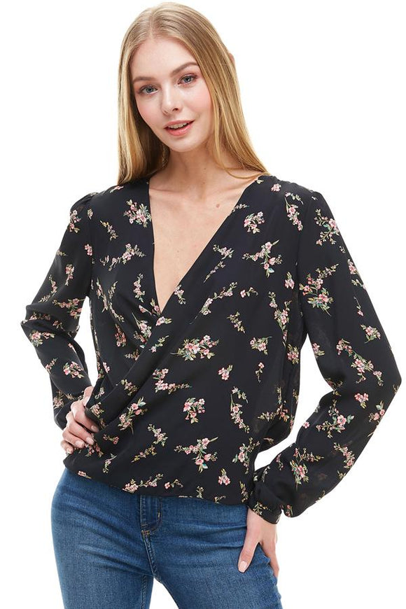 Long Sleeve Surplice Floral Top Indigo Arrowwood