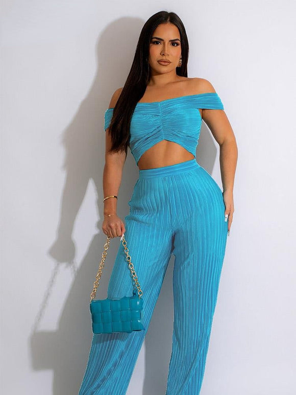 Off Shoulder Crop Top & Wide Leg Pants Set