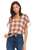Plaid V-Neck Tie-Front Blouse with Flutter Sleeves Indigo Arrowwood