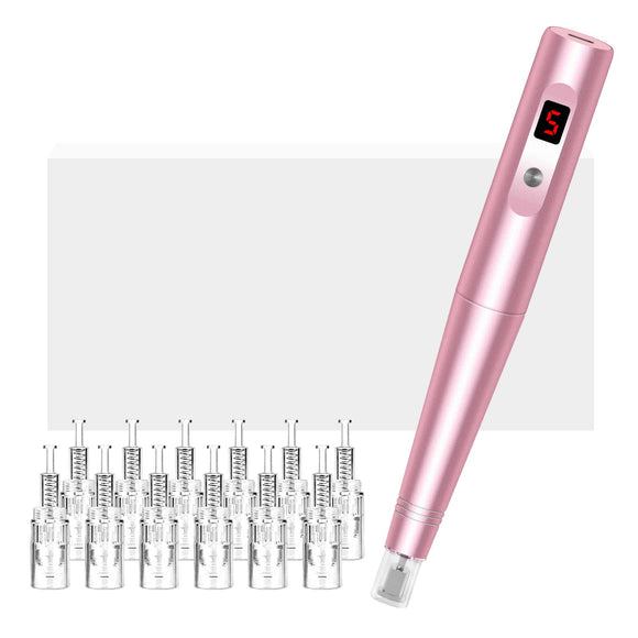 Microneedling Pen Electric Derma Pen with 7 Replacement Cartridges Pink Iolaus