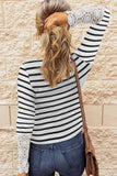 Lace Striped Splicing Hollow-out Button Long Sleeve Top