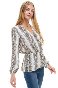 Snake V-Neck Button Front Peplum Long Sleeve Blouse Indigo Arrowwood