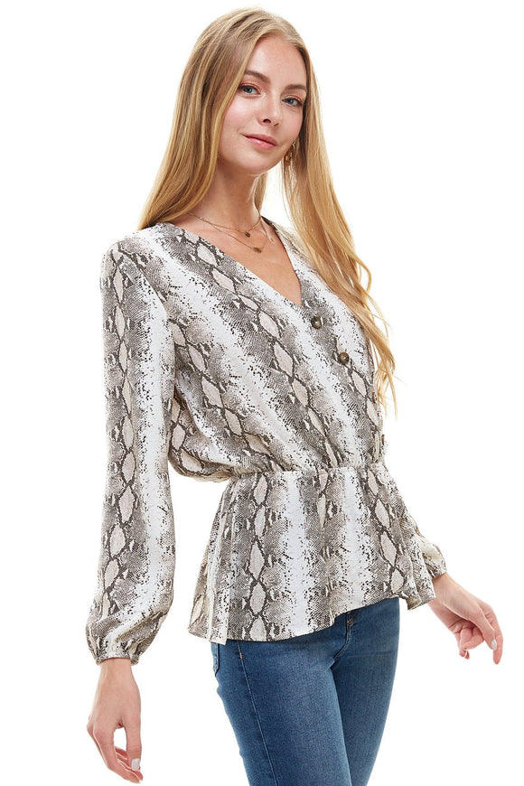 Snake V-Neck Button Front Peplum Long Sleeve Blouse Indigo Arrowwood